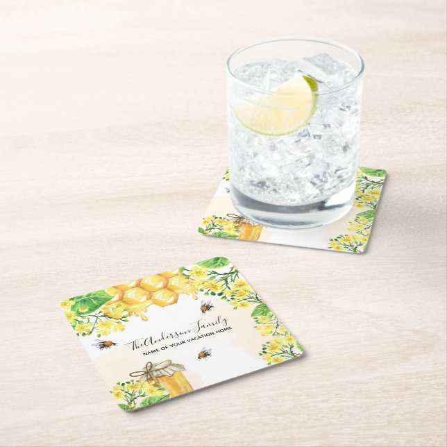 Bee honeycomb yellow florals family name square paper coaster (Insitu)