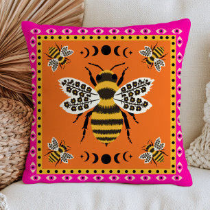 Bee Illustrations on Burnt Orange Elegant Floral  Cushion