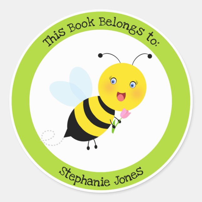 Bee in Tulip Garden This Book Belongs to Classic Round Sticker (Front)