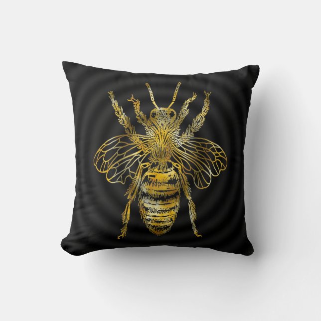 Bee in Yellow and white tones grey and Black Cushion (Front)