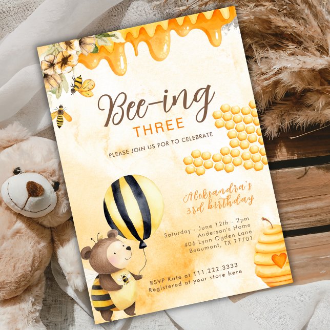 Bee-ing Three Honey Bear 3rd Birthday Yellow Invitation (Creator Uploaded)