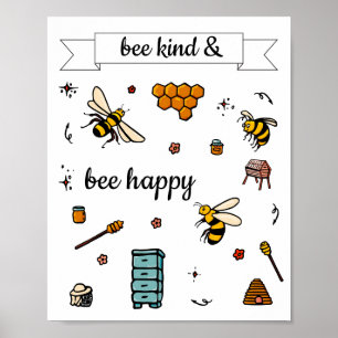 Bee kind and happy cute bees word art poster