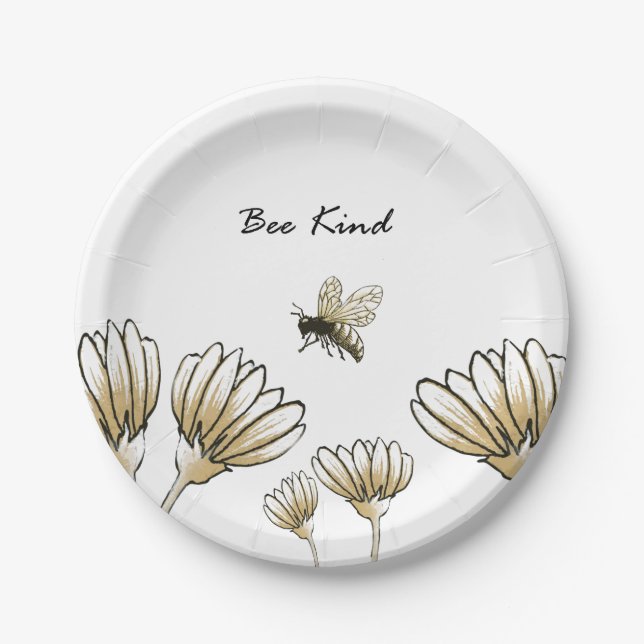 Bee kind buzzy bumble bee with flowers paper plate (Front)