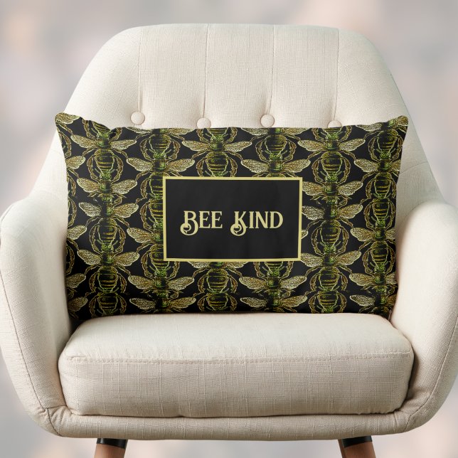 Bee Kind Elegant Gold and Black Bee Pattern Lumbar Cushion (Creator Uploaded)