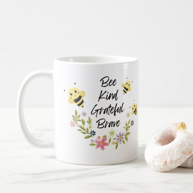 Bee Kind Grateful Brave Coffee Mug (With Donut)