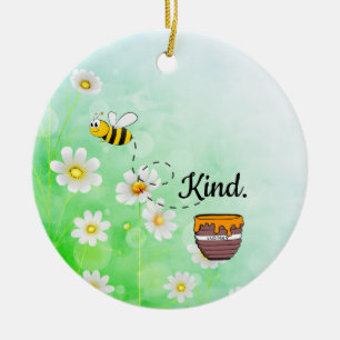 Bee kind honey floral green insect cartoon text ceramic ornament