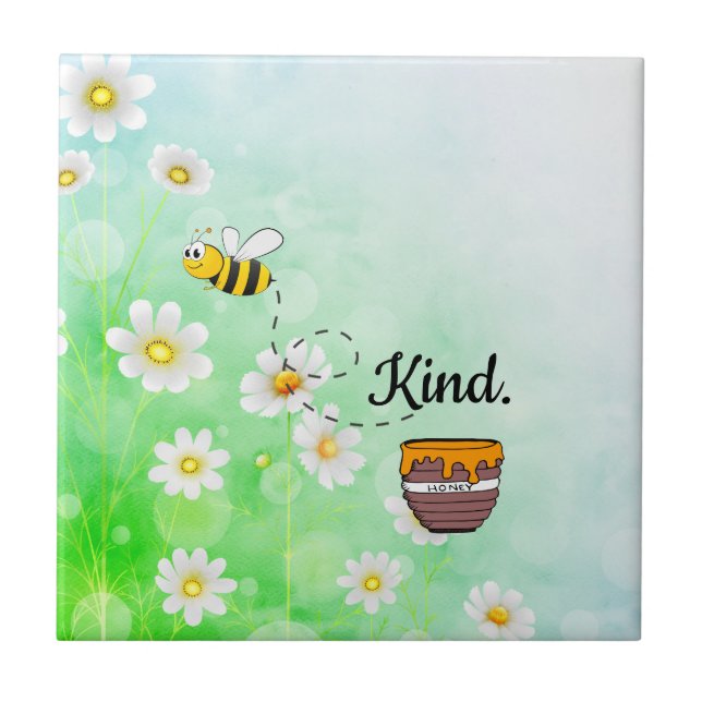 Bee kind honey floral green insect cartoon text ceramic tile (Front)