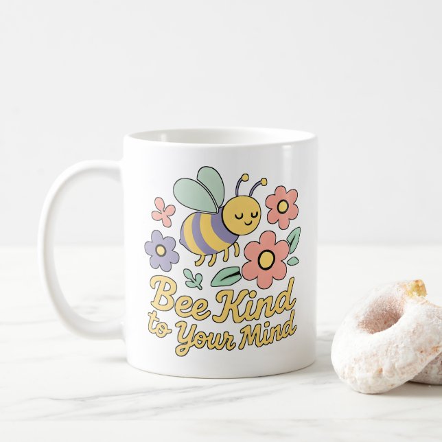 Bee Kind Motivational Floral Design Coffee Mug (With Donut)