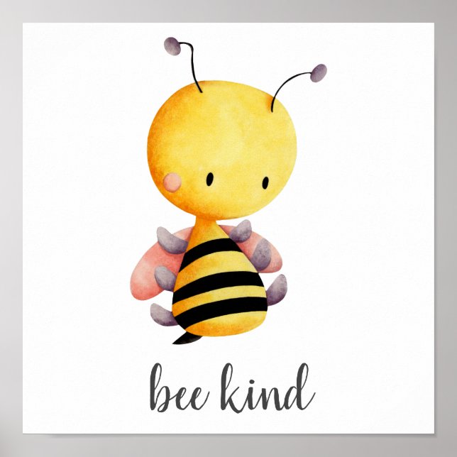 Bee Kind Yellow Pink Bee Kids Nursery Poster (Front)