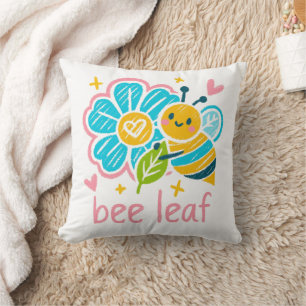 Bee Leaf' Crayon Art: Happy Bumblebee Animal Lover Cushion