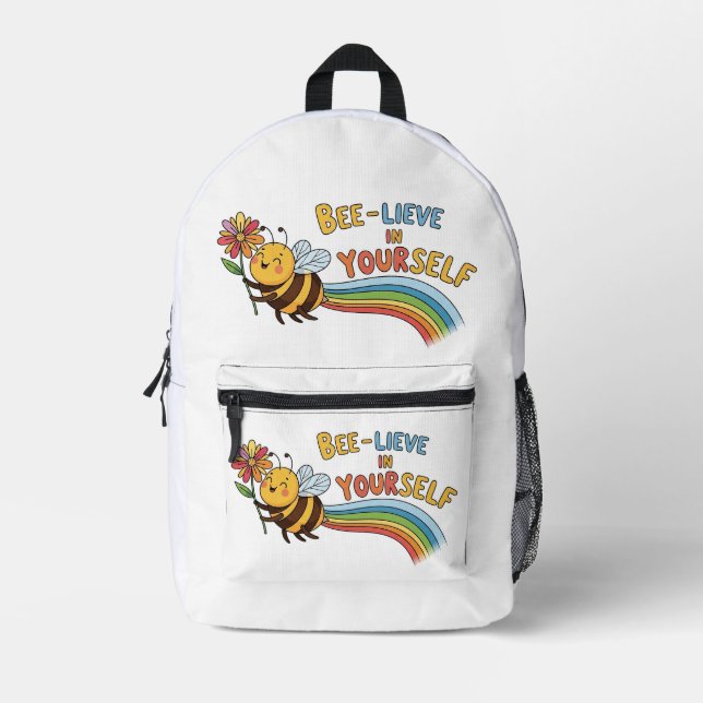 Bee-lieve in Yourself – Motivational Bee Illustrat Printed Backpack (Front)