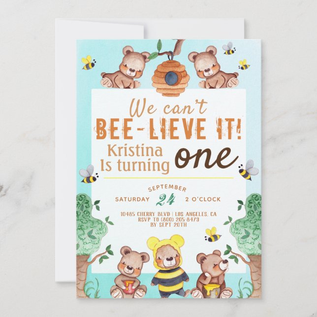 Bee-lieve It Honey Bear Birthday Invitation (Front)
