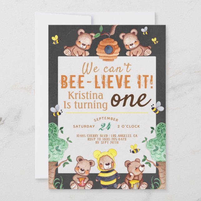 Bee-lieve It Honey Bear Birthday Invitation (Front)