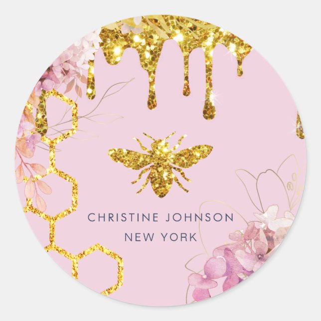 bee logo and pink hydrangea classic round sticker (Front)