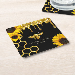 bee logo and sunflowers square paper coaster