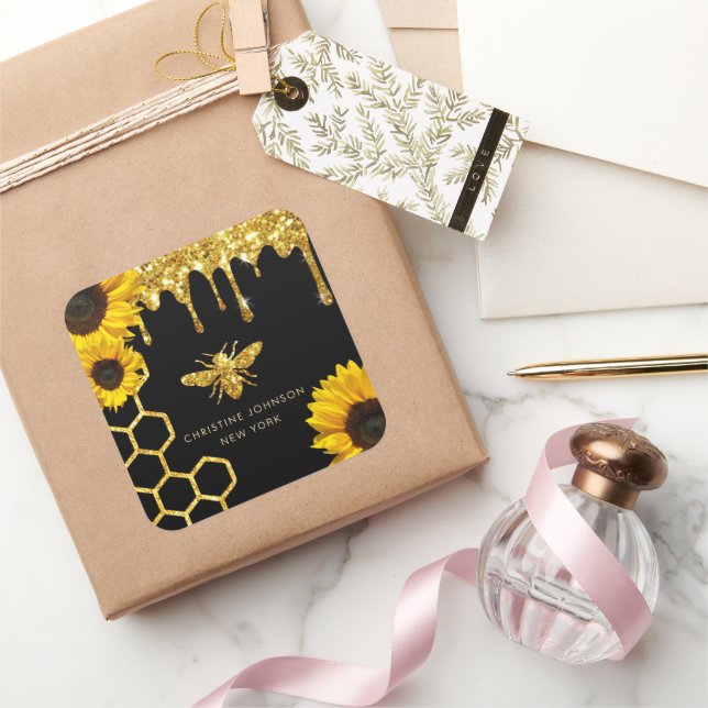 bee logo and sunflowers square sticker (Gifting)