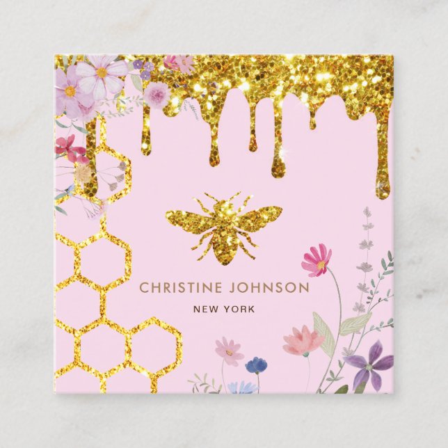 bee logo and wildflowers pink square business card (Front)