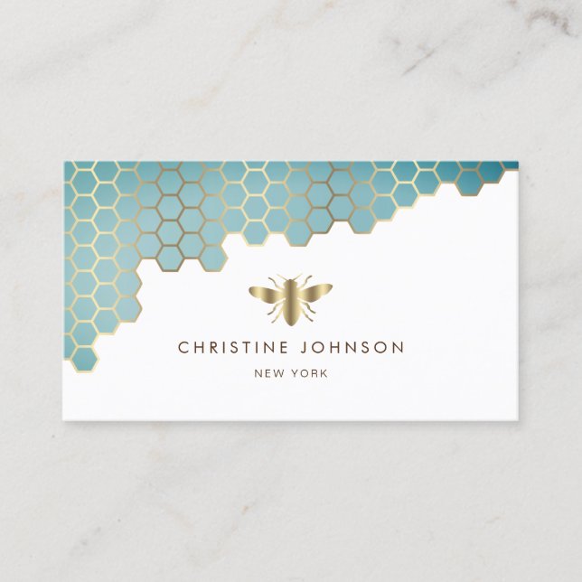 bee logo honeycomb aqua teal business card (Front)