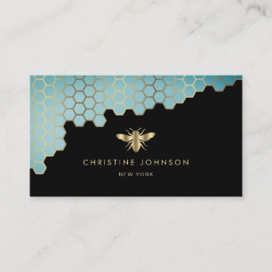 bee logo honeycomb aqua teal gradient business card
