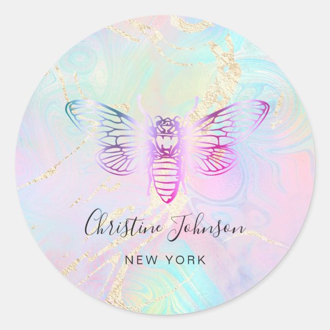 bee logo on faux holographic design classic round sticker (Front)
