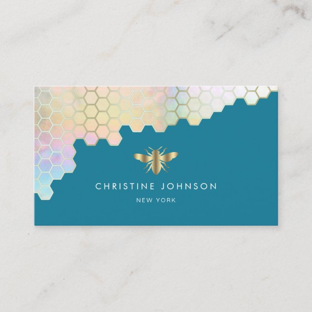 bee logo on mosaic blue background business card (Front)