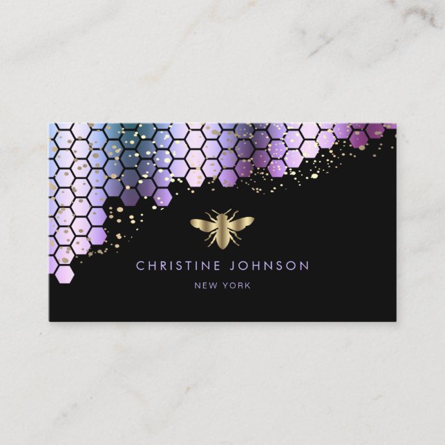 bee logo purple honeycomb business card (Front)