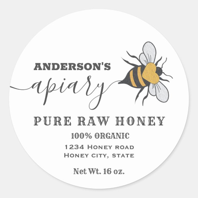Bee logo script apiary honey jar label (Front)
