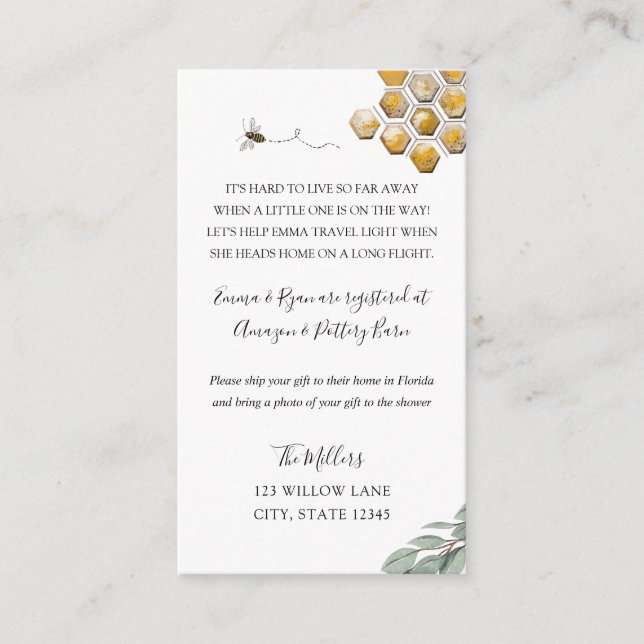 Bee Long distance baby shower insert (Front)