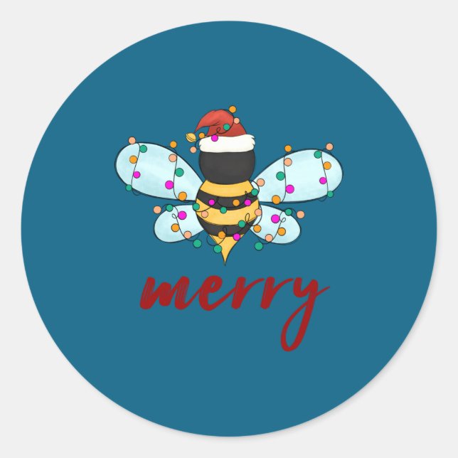 Bee Merry Christmas Bee In Santa Hat Cute Merry Xm Classic Round Sticker (Front)