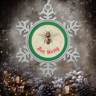 Bee Merry Christmas Bee Snowflake Pewter Christmas Ornament