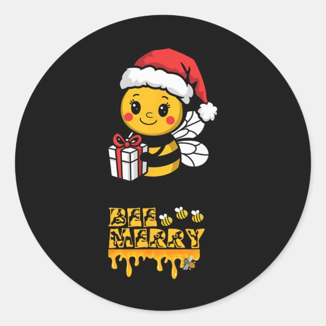 Bee Merry Cute Christmas Bee With Santa Hat Holida Classic Round Sticker (Front)