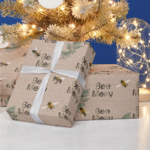 BEE MERRY Evergreen and Kraft Holiday Wrapping Paper