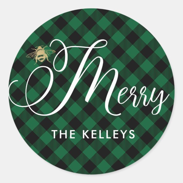 Bee Merry, Green Buffalo Check Round Gift Sticker (Front)