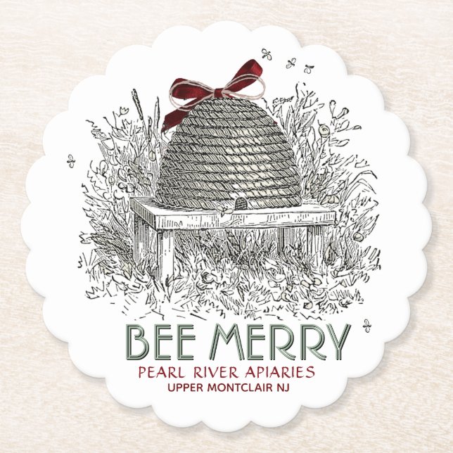 Bee Merry Holiday Coaster with Skep and Red Bow (Front)