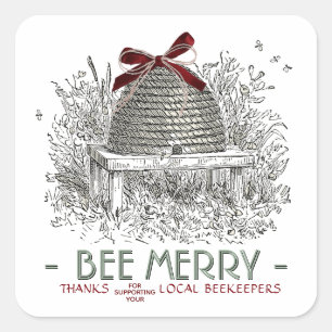 Bee Merry Holiday Sticker Skep with Red Bow