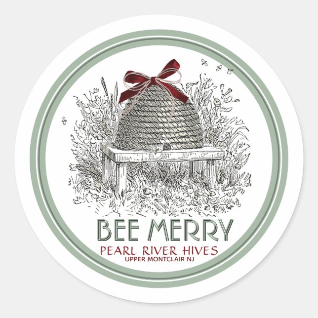 Bee Merry Holiday Sticker Skep with Red Bow (Front)