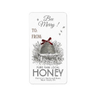 Bee Merry Honey Gift Label Red Bow on Skep