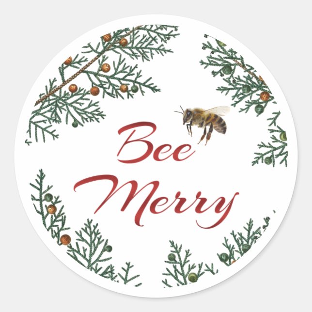 Bee Merry Honeybee Holiday Sticker Red Text (Front)