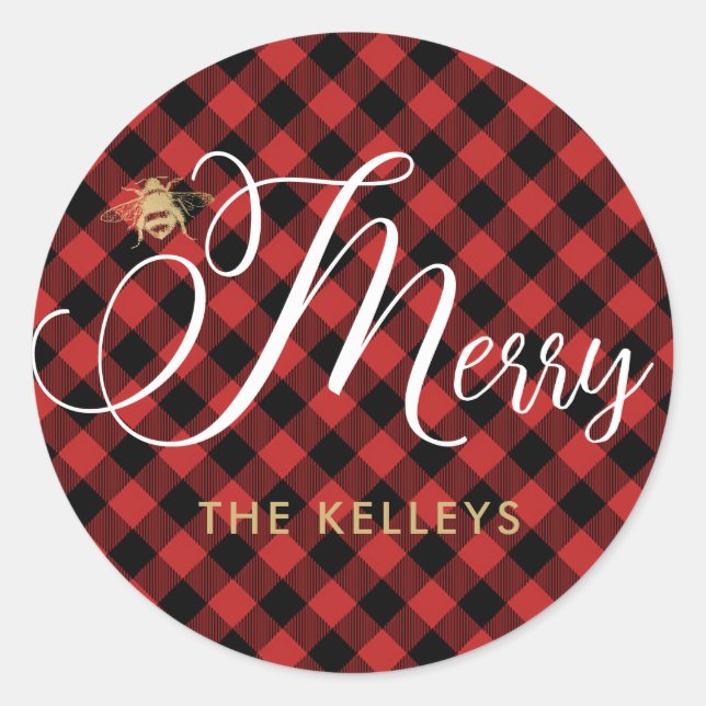 Bee Merry, Red Buffalo Check Round Gift Sticker (Front)
