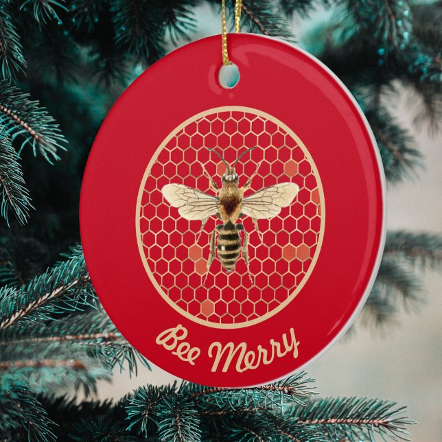Bee Merry Royal Bee and Honeycomb on Red Ceramic Ornament (Creator Uploaded)