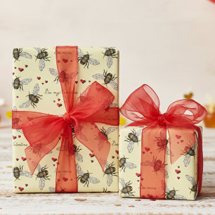 Bee Mine Be My Valentine Bees and Hearts Yellow Wrapping Paper