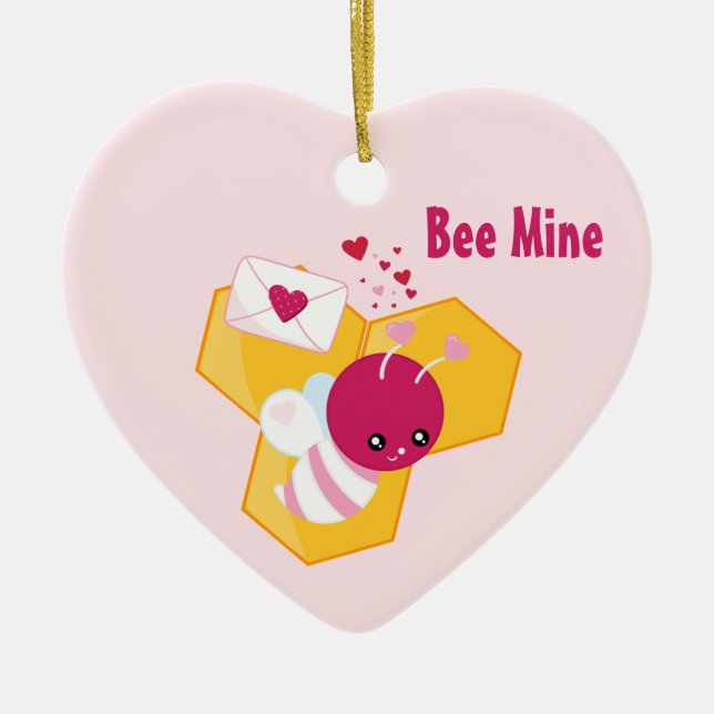 Bee Mine Cute Bee with Pink Valentine Hearts Ceramic Ornament (Front)