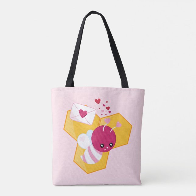 Bee Mine Cute Bee with Pink Valentine Hearts Tote Bag (Back)