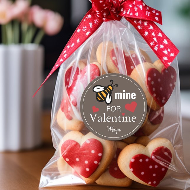 Bee Mine Valentine Favour Classic Round Sticker (Bee Mine Valentine Favor Name Classic Round Sticker)