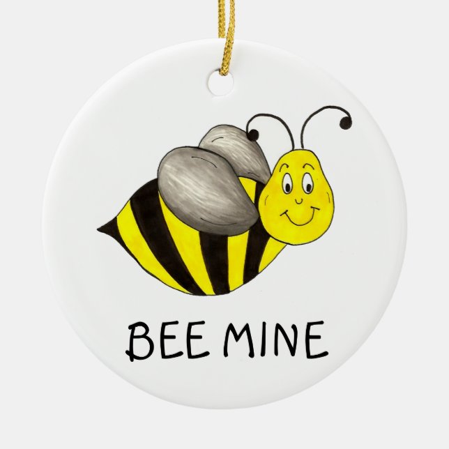 BEE MINE Yellow Bumblebee Valentine's Day Ceramic Ornament (Front)