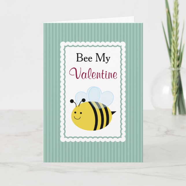 Bee My Valentine, Cute Bee, Green Stripes Holiday Card (Front)
