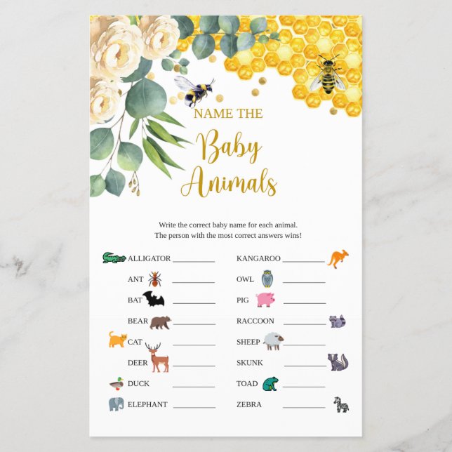 Bee Name the Baby Animals Game Card  (Front)