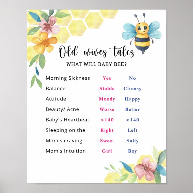 Bee Old Wives Tales Gender Reveal Board  Poster (Front)