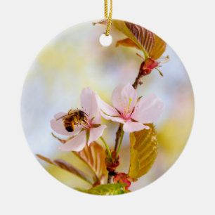 Bee On A Cherry Flower Ceramic Tree Decoration