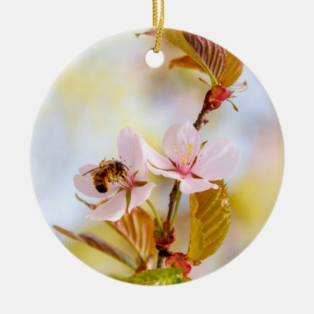 Bee On A Cherry Flower Ceramic Tree Decoration (Front)